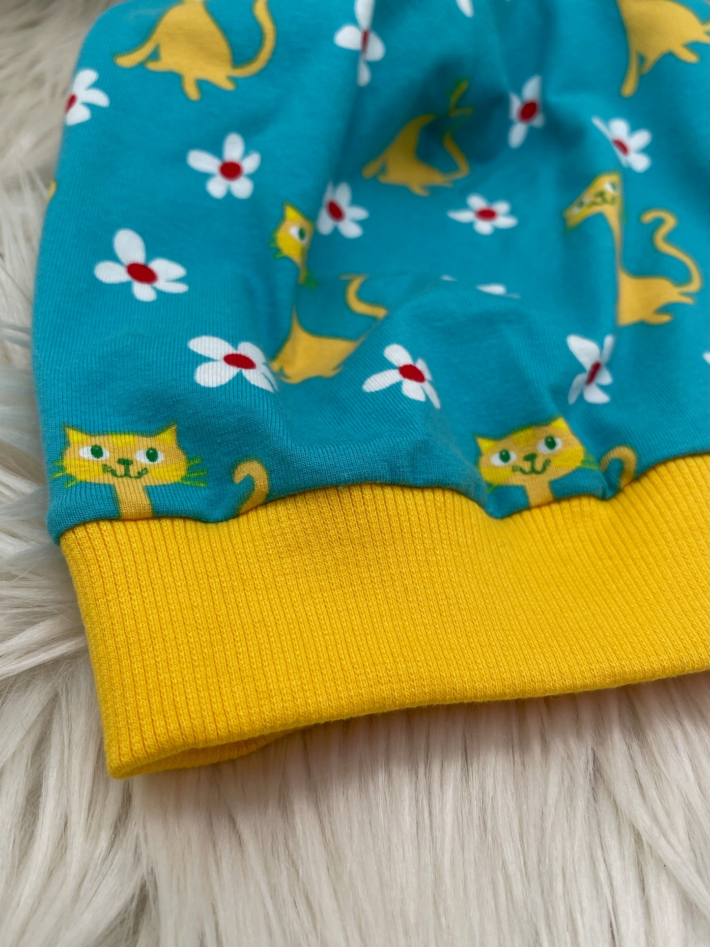 Beanie Katzen blau/gelb