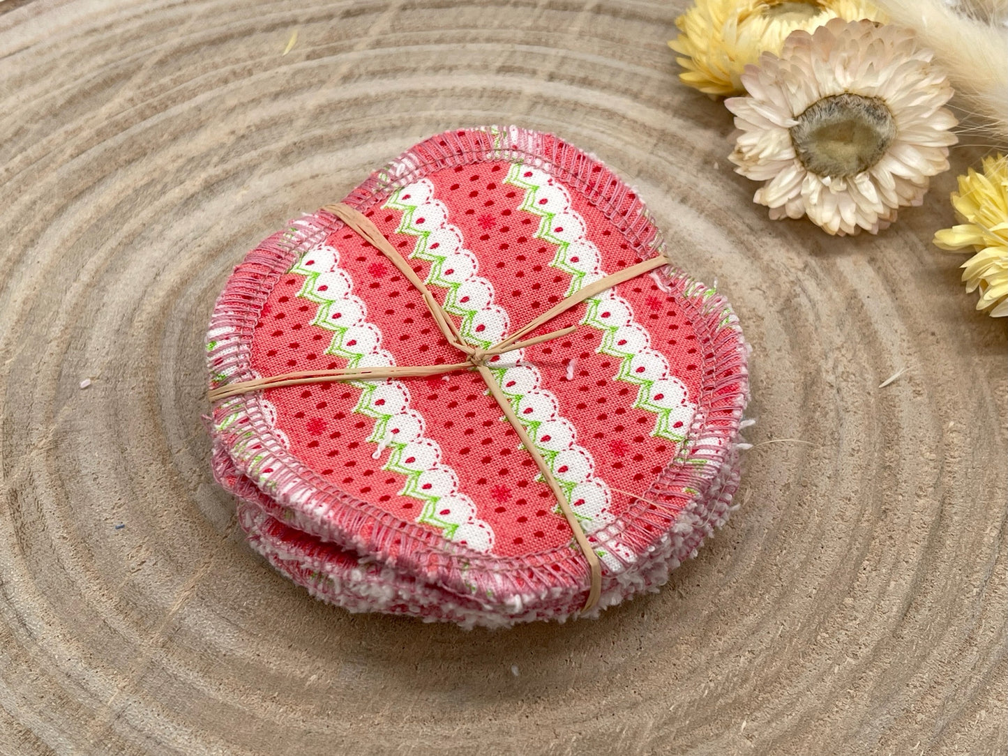 5 waschbare Abschminkpads Erdbeere Muster rosa/weiss