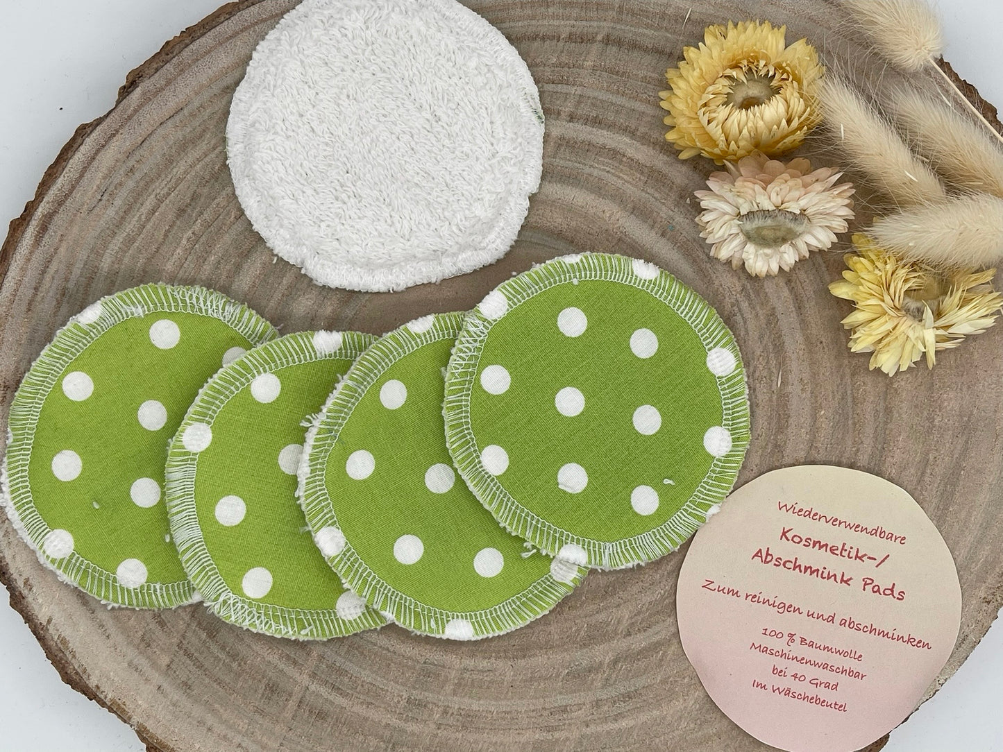 5 waschbare Abschminkpads grün mit Punkte