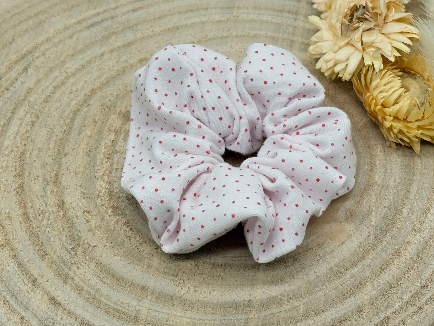 Jersey Scrunchie Haargummi weiss mit roten Punkten
