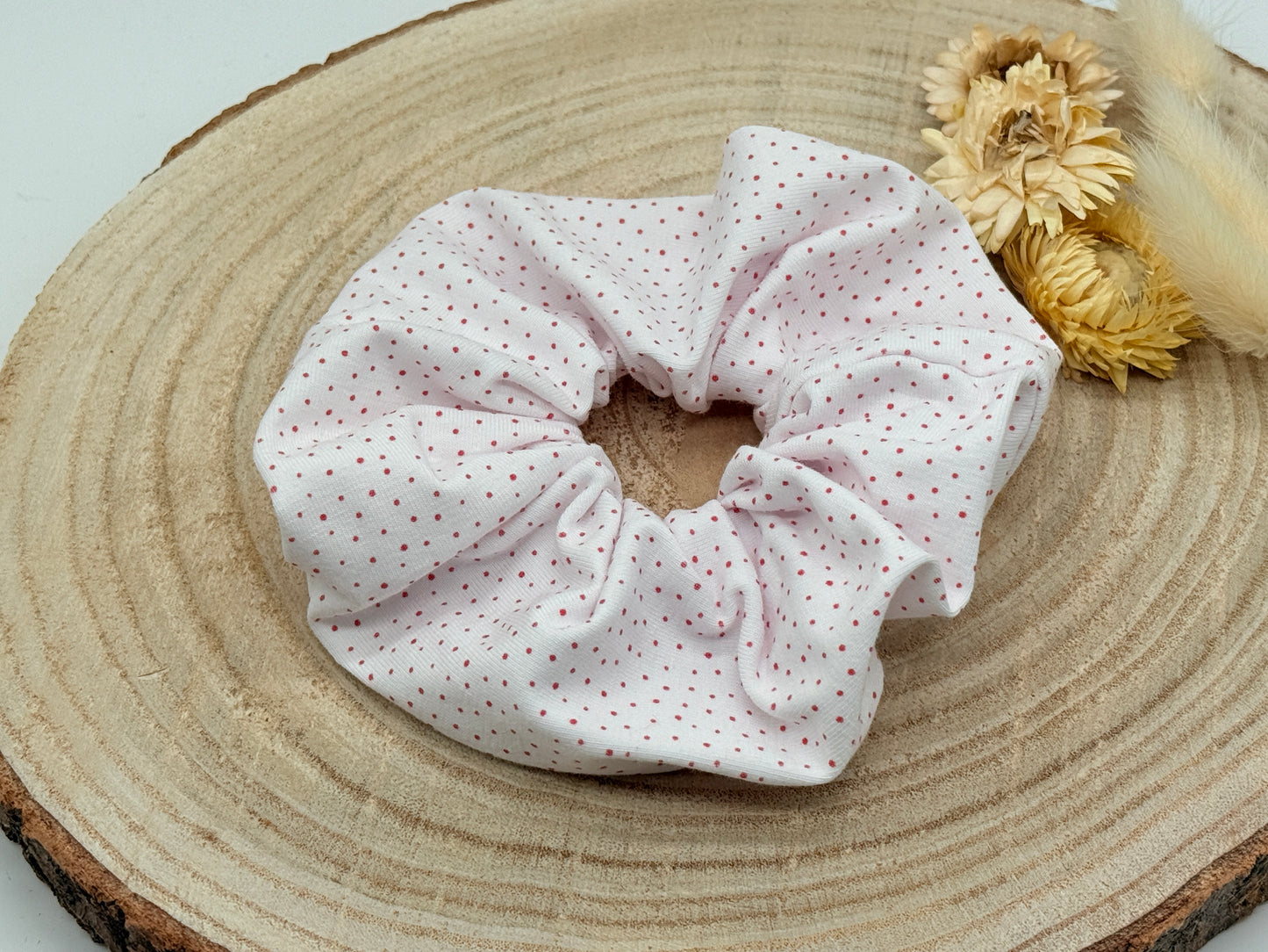 Jersey Scrunchie Haargummi weiss mit roten Punkten