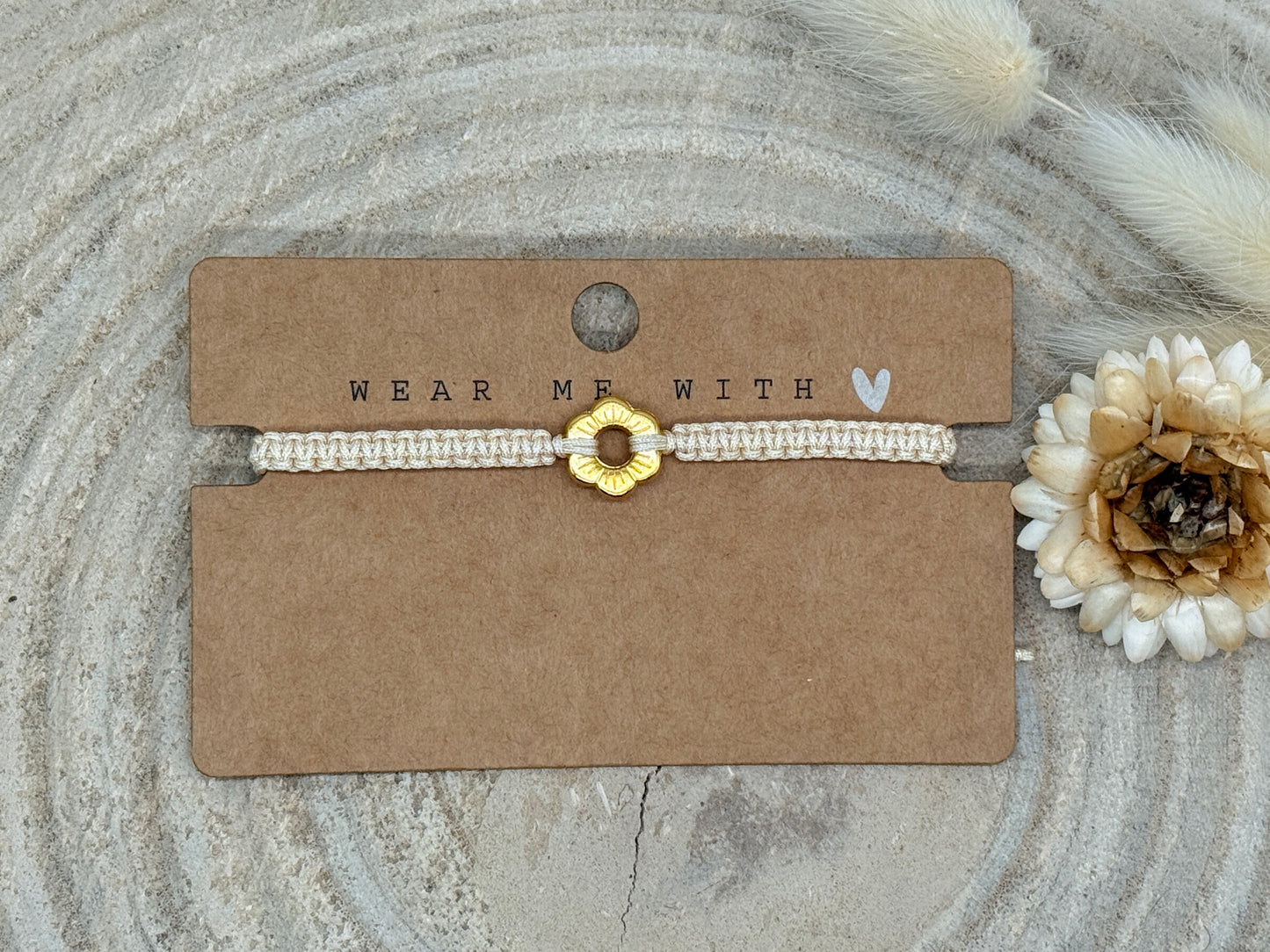 Makramee Armband Freundschaftsarmband kleine Blume Edelstahl vergoldet