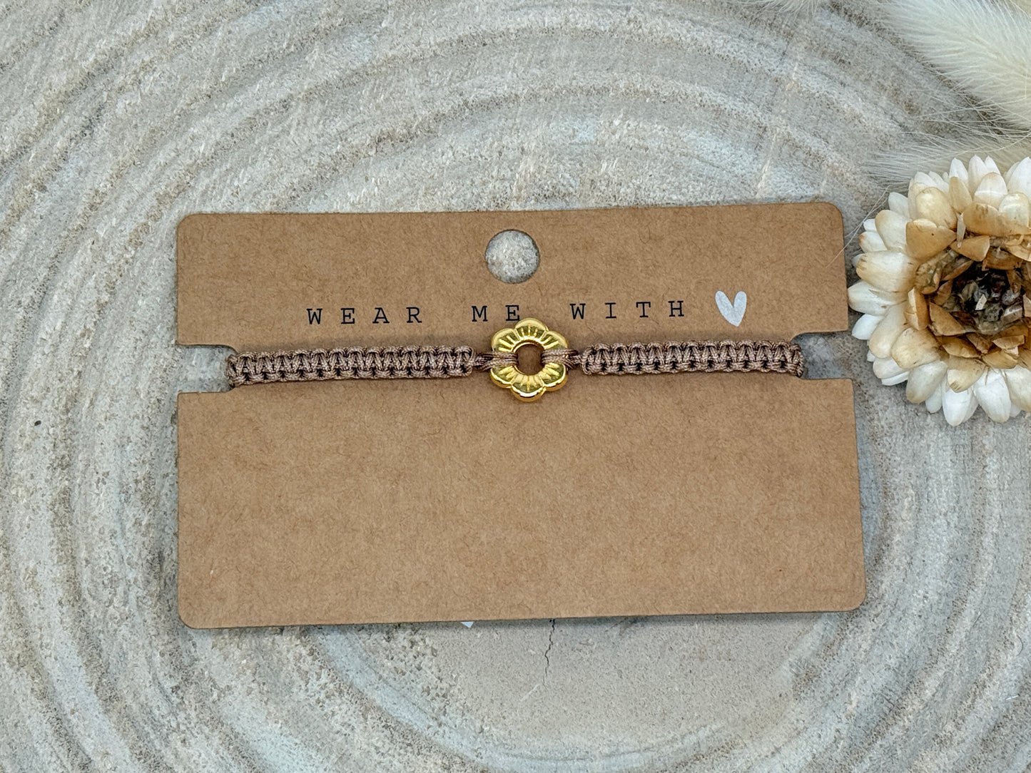 Makramee Armband Freundschaftsarmband kleine Blume Edelstahl vergoldet