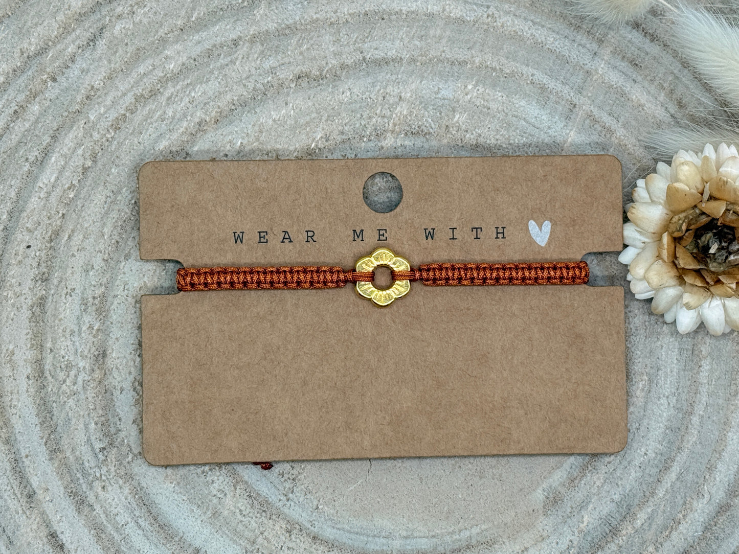 Makramee Armband Freundschaftsarmband kleine Blume Edelstahl vergoldet