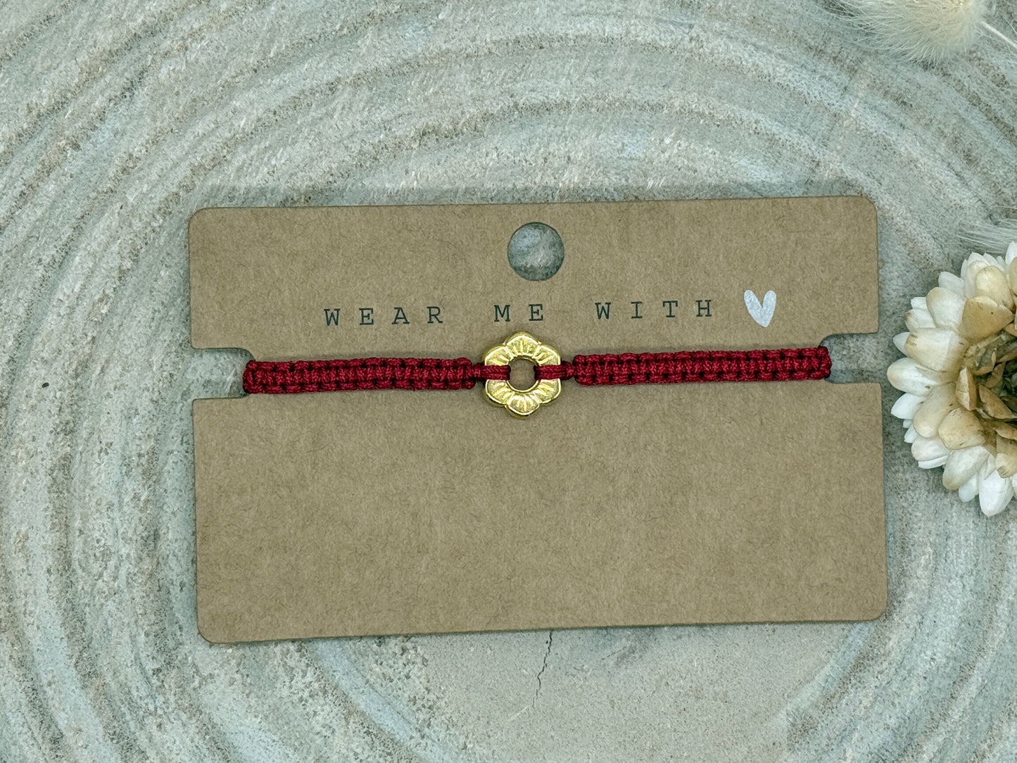 Makramee Armband Freundschaftsarmband kleine Blume Edelstahl vergoldet