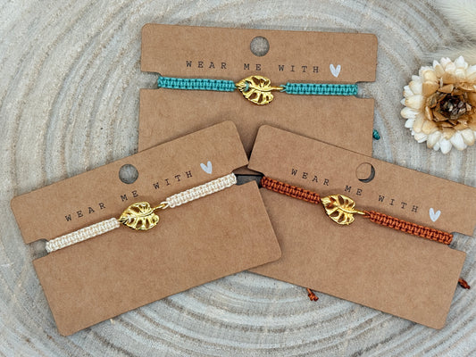 Makramee Armband Freundschaftsarmband großes Monster Blatt Edelstahl vergoldet