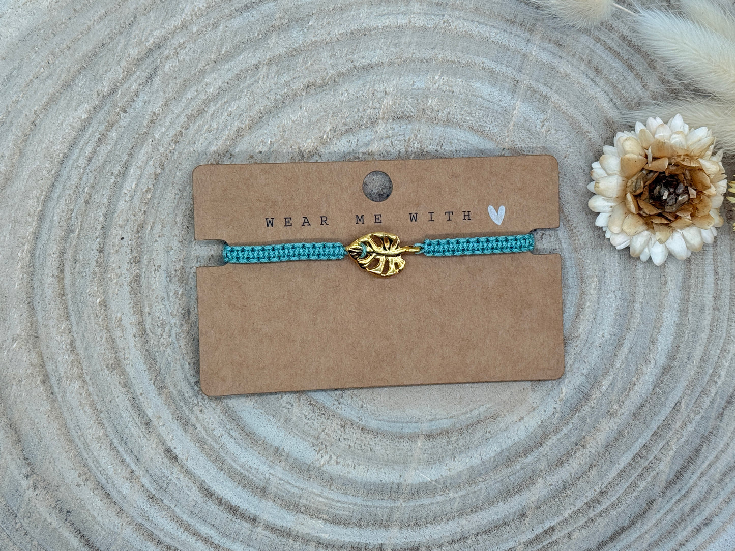 Makramee Armband Freundschaftsarmband großes Monster Blatt Edelstahl vergoldet