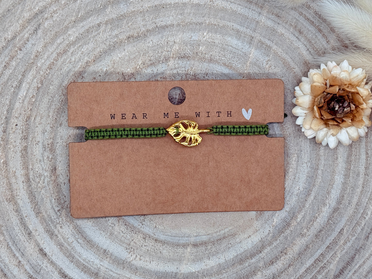 Makramee Armband Freundschaftsarmband großes Monster Blatt Edelstahl vergoldet