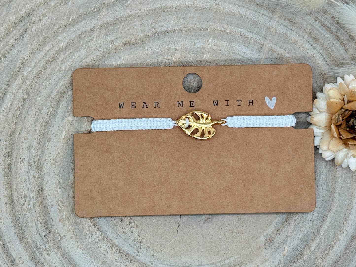 Makramee Armband Freundschaftsarmband großes Monster Blatt Edelstahl vergoldet