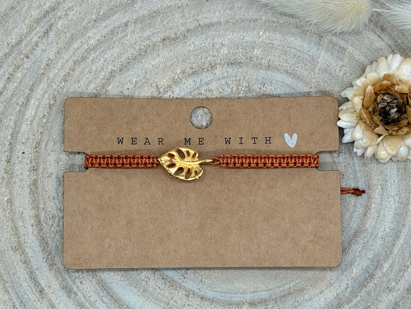 Makramee Armband Freundschaftsarmband großes Monster Blatt Edelstahl vergoldet