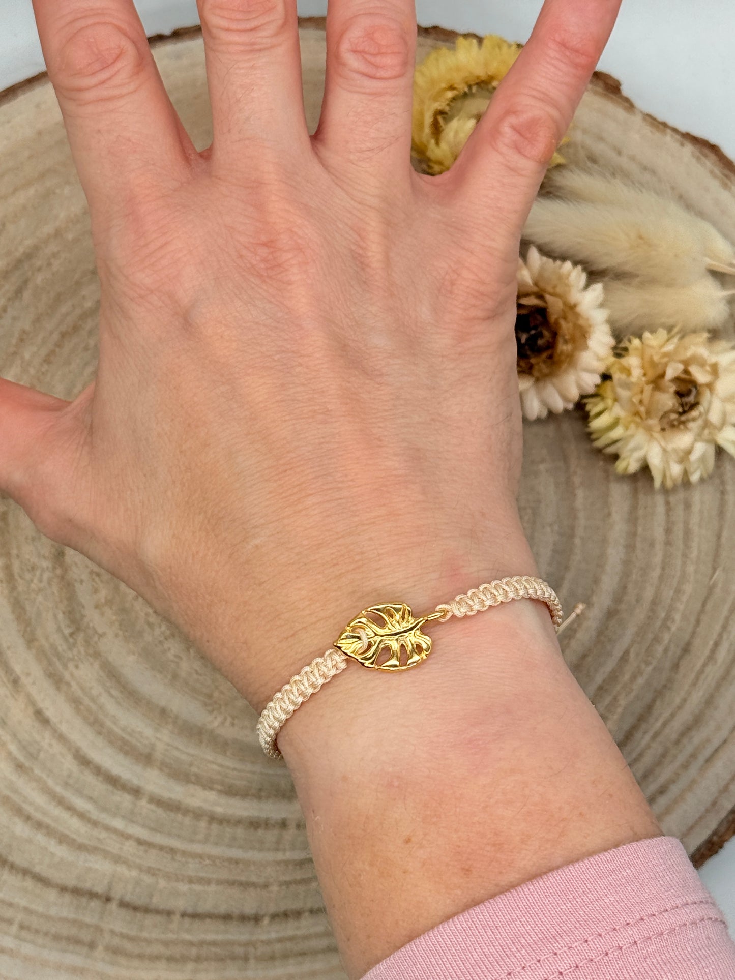 Makramee Armband Freundschaftsarmband großes Monster Blatt Edelstahl vergoldet