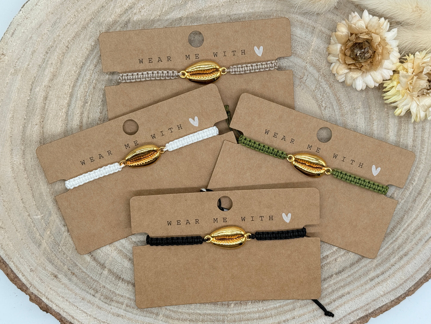 Makramee Armband Freundschaftsarmband Muschel groß Edelstahl vergoldet