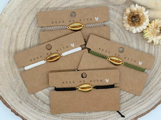 Makramee Armband Freundschaftsarmband Muschel groß Edelstahl vergoldet