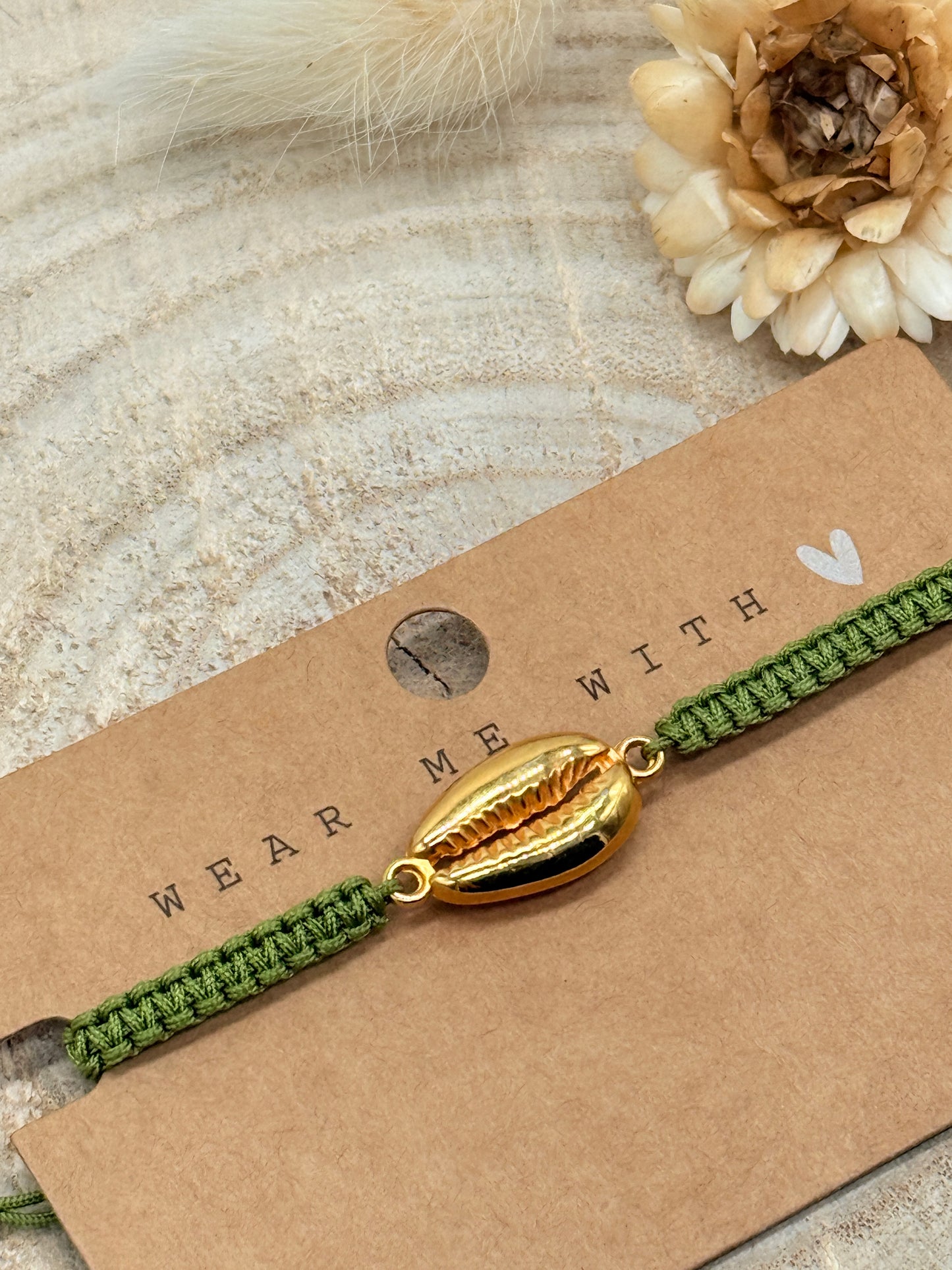 Makramee Armband Freundschaftsarmband Muschel groß Edelstahl vergoldet