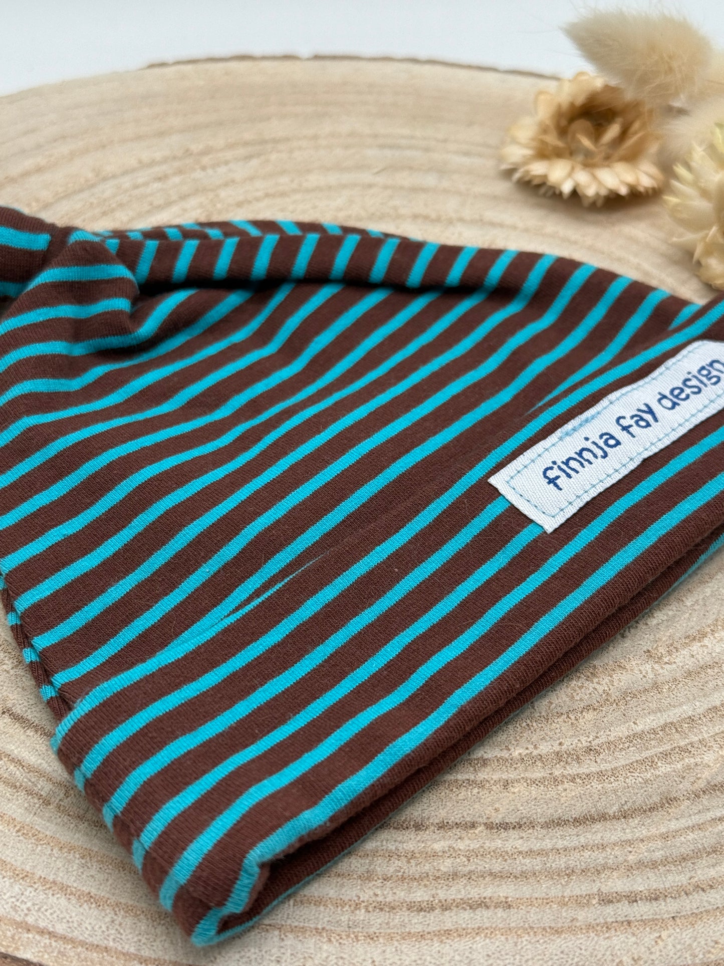 Babymütze mit Knoten – blau-braun mit Streifen Muster Gr. 56