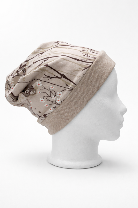 Beanie für Kinder mit Bund - Pandabär Motiv auf beige