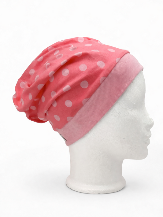 Beanie für Kinder mit Bund - Punkte Motiv auf rosa