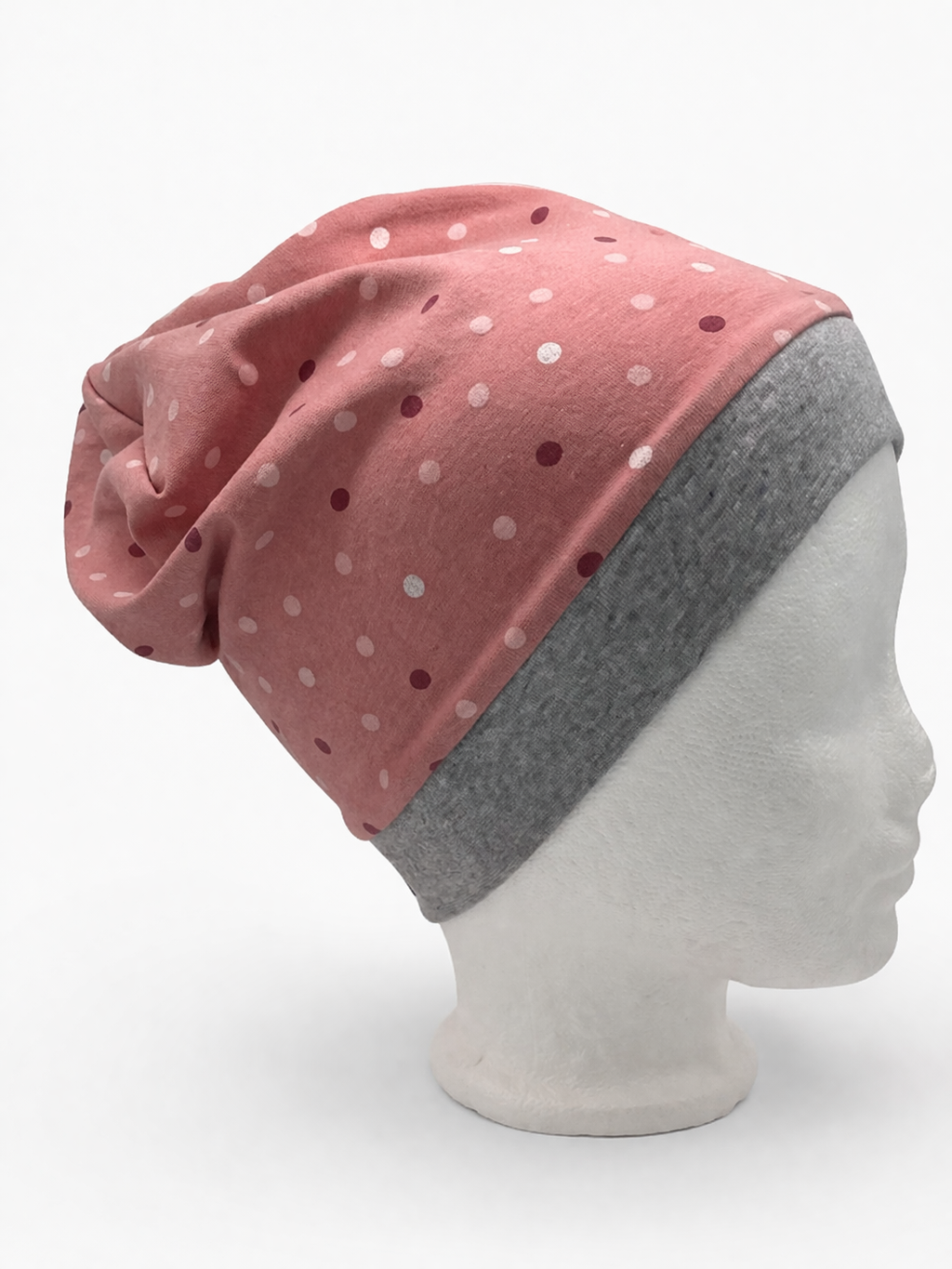 Beanie für Kinder mit Bund - Punkte Motiv auf rosa
