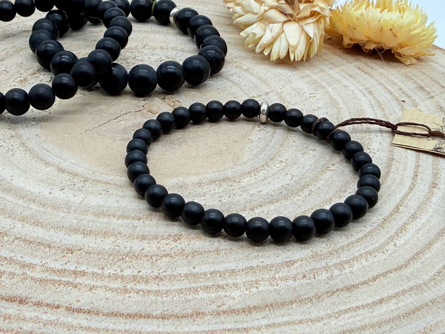 Elastisches Edelstein Armband mit Onyx Perlen Matt