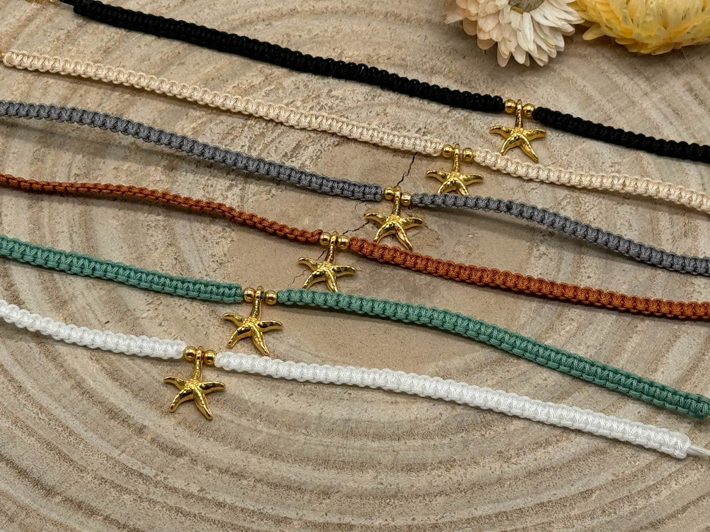 Makramee Fusskettchen Fussbändchen Schmuck Boho Hippie mit goldfarbenen Edelstahl Anhänger Seestern