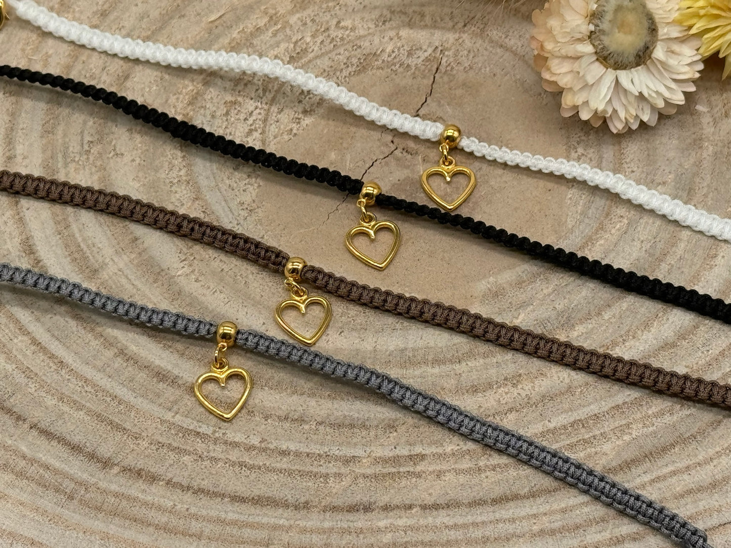 Makramee Fusskettchen Fussbändchen Schmuck Boho Hippie mit goldfarbenenEdelstahl Anhänger Herz