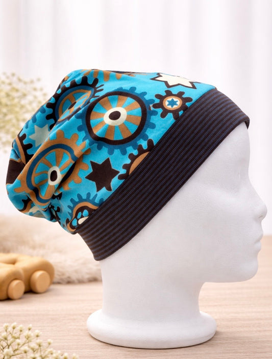 Beanie für Kinder mit Bund - Zahnräder Motiv auf blau