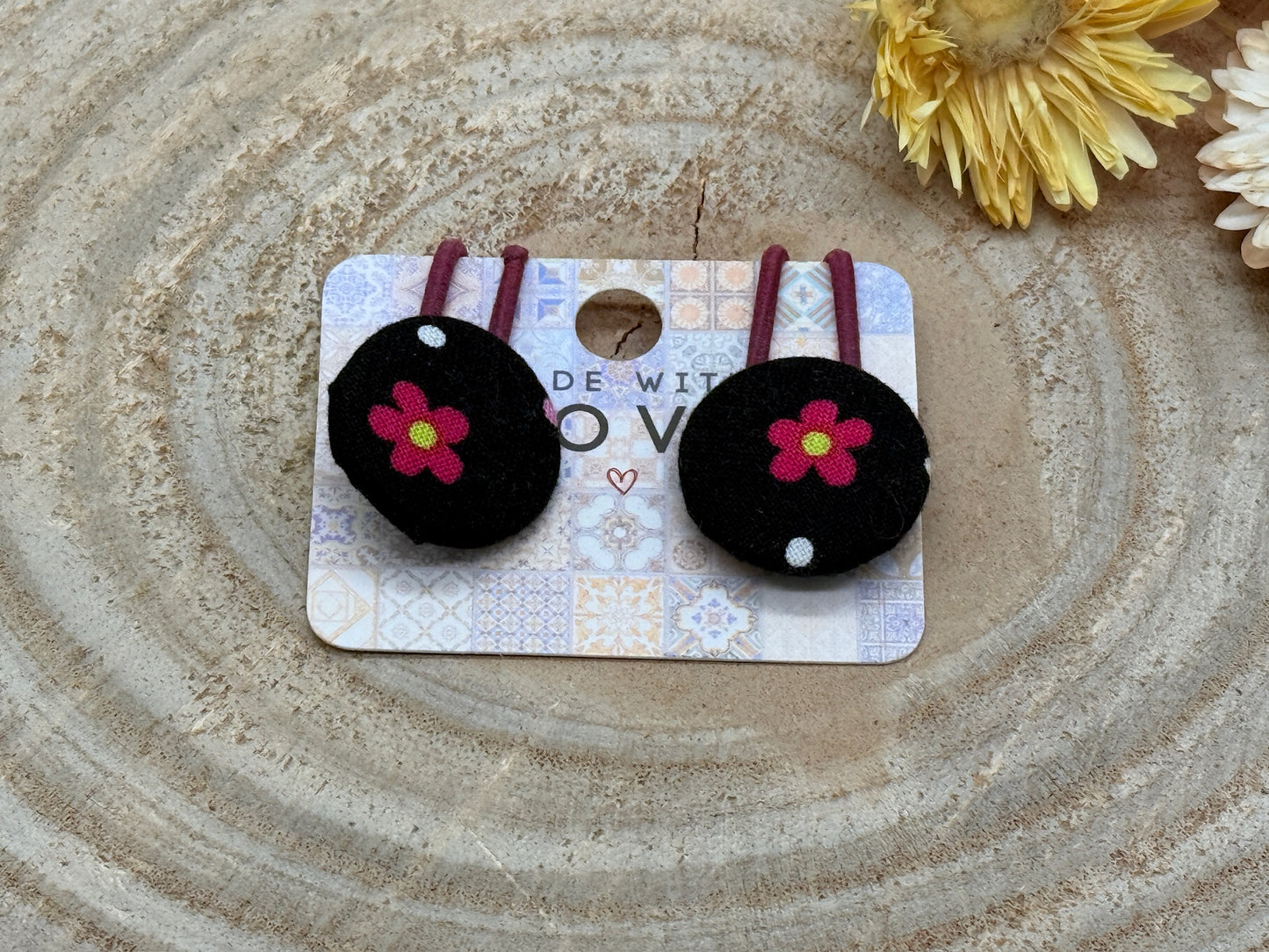 Retro Knopf Haargummi Blumen mix schwarz pink