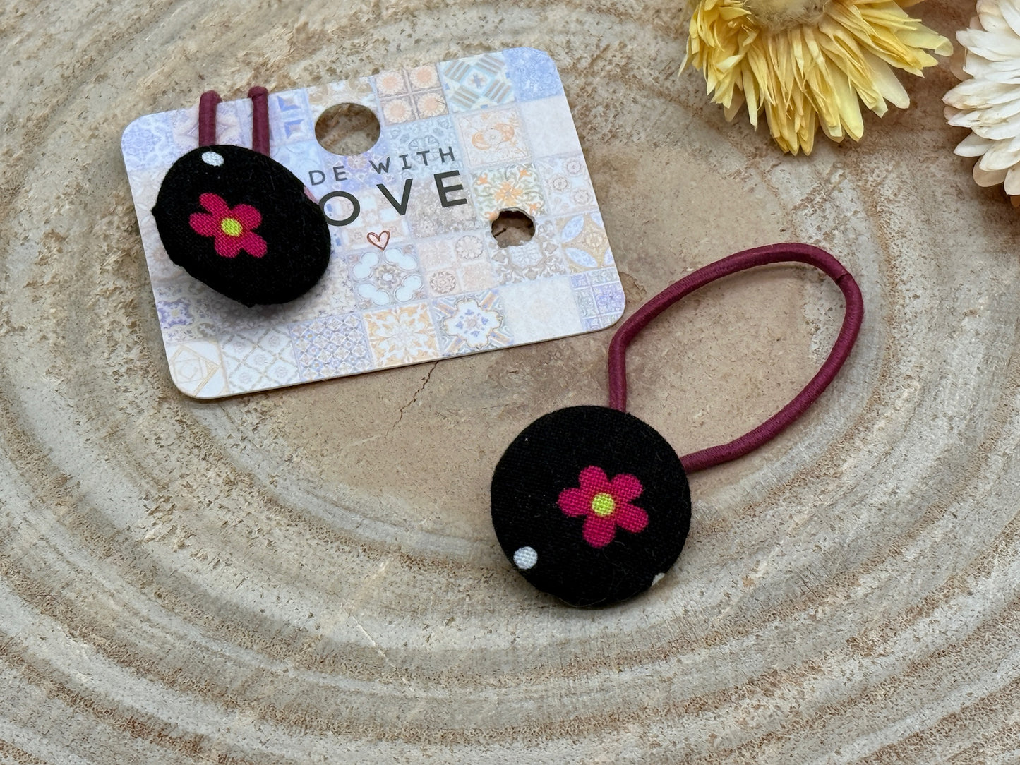 Retro Knopf Haargummi Blumen mix schwarz pink