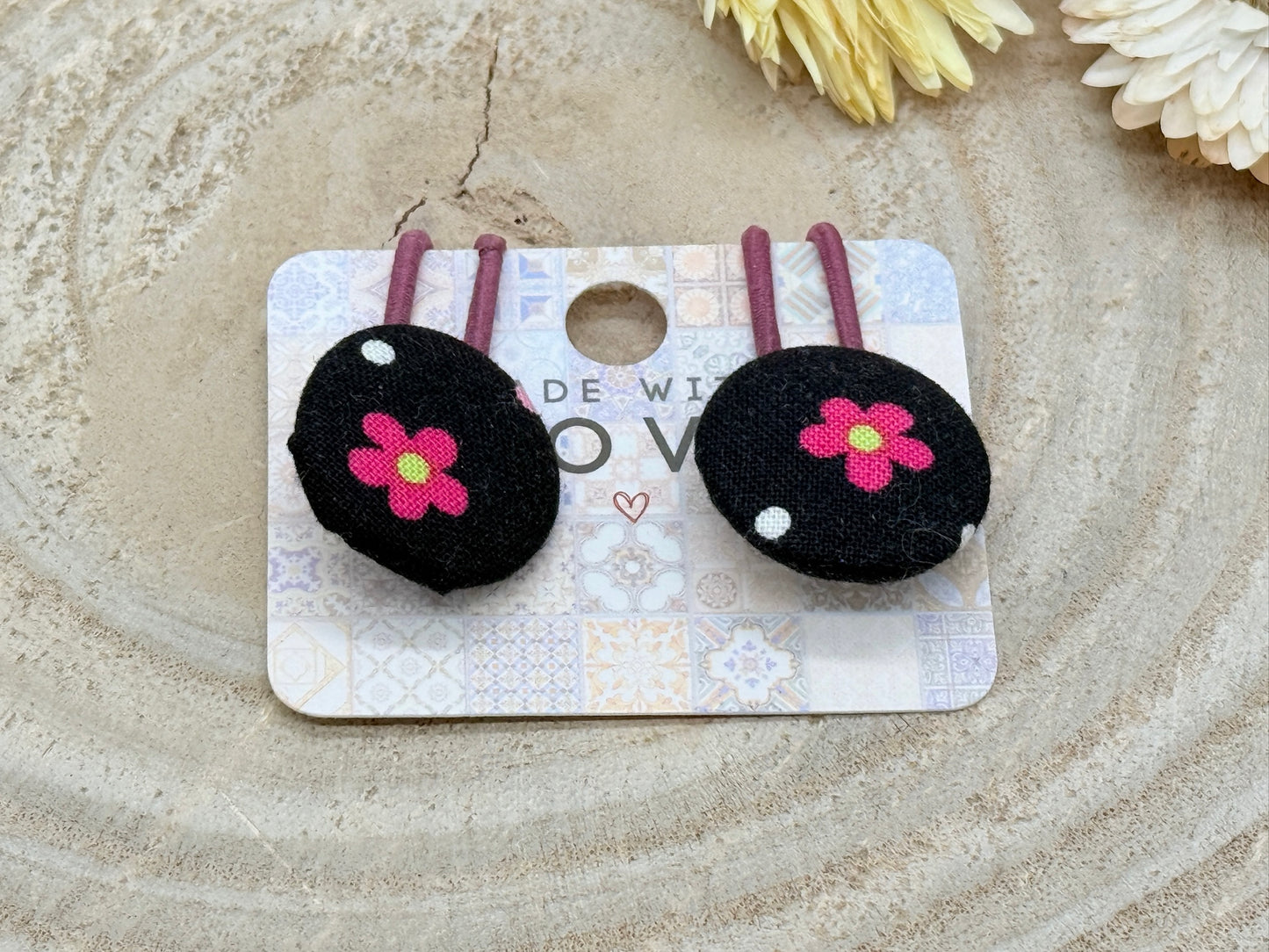 Retro Knopf Haargummi Blumen mix schwarz pink