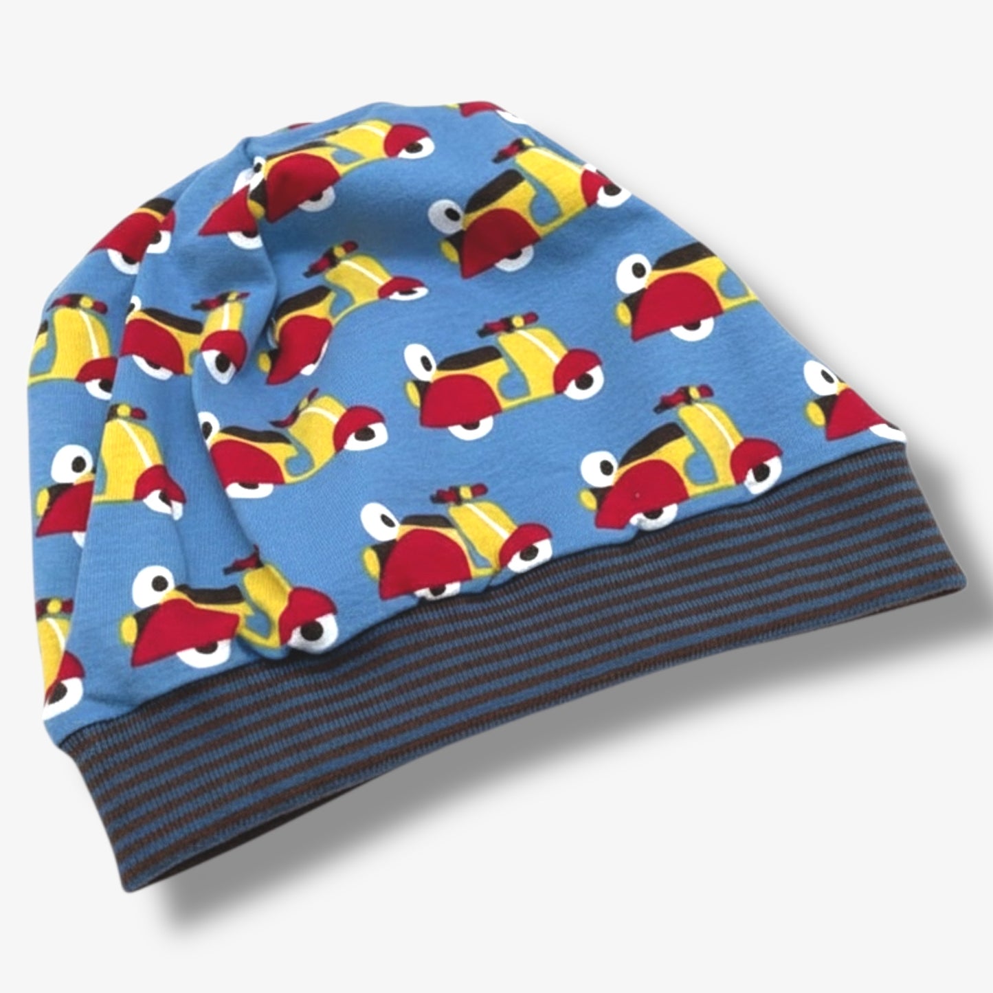 Beanie für Kinder mit Bund - Motorroller Motiv auf blau