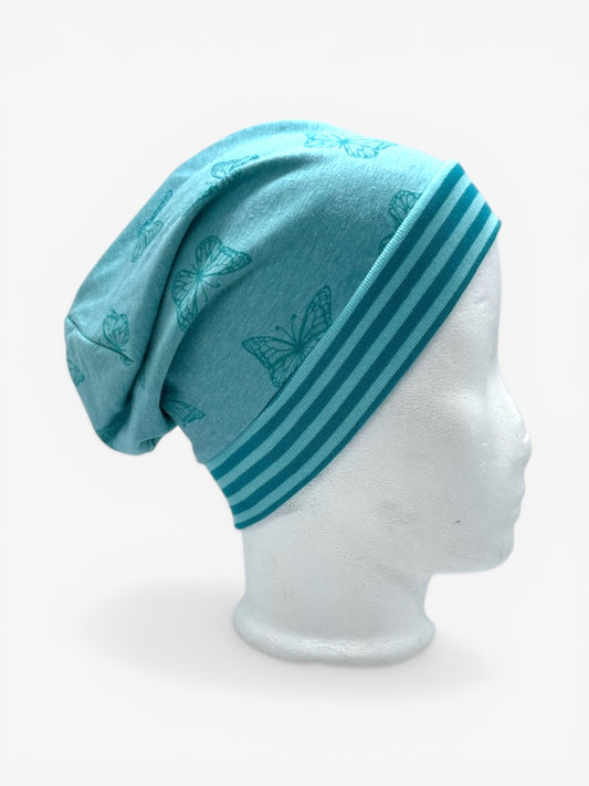 Beanie für Kinder mit Bund - Schmetterling Motiv auf blau