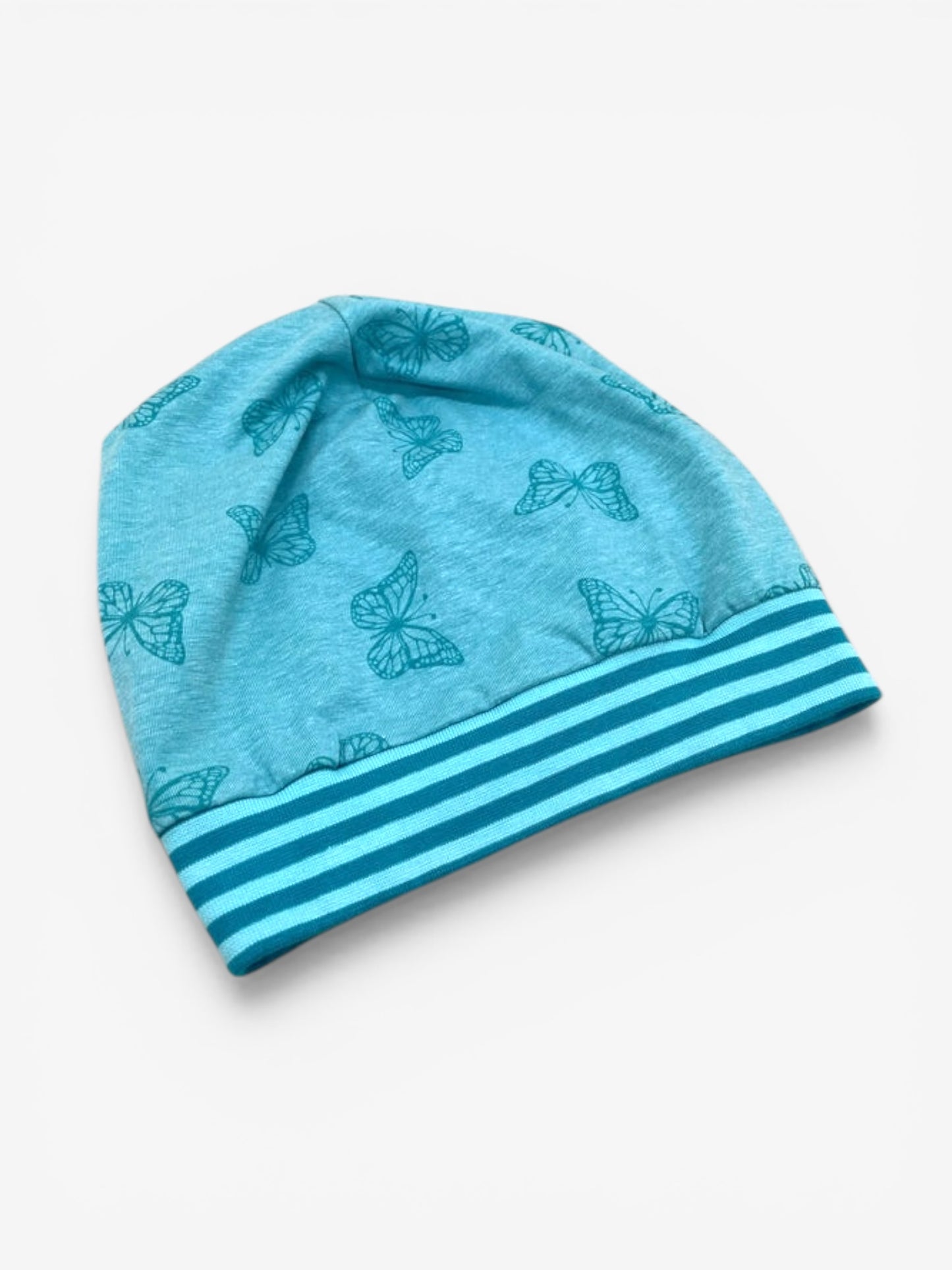 Beanie für Kinder mit Bund - Schmetterling Motiv auf blau