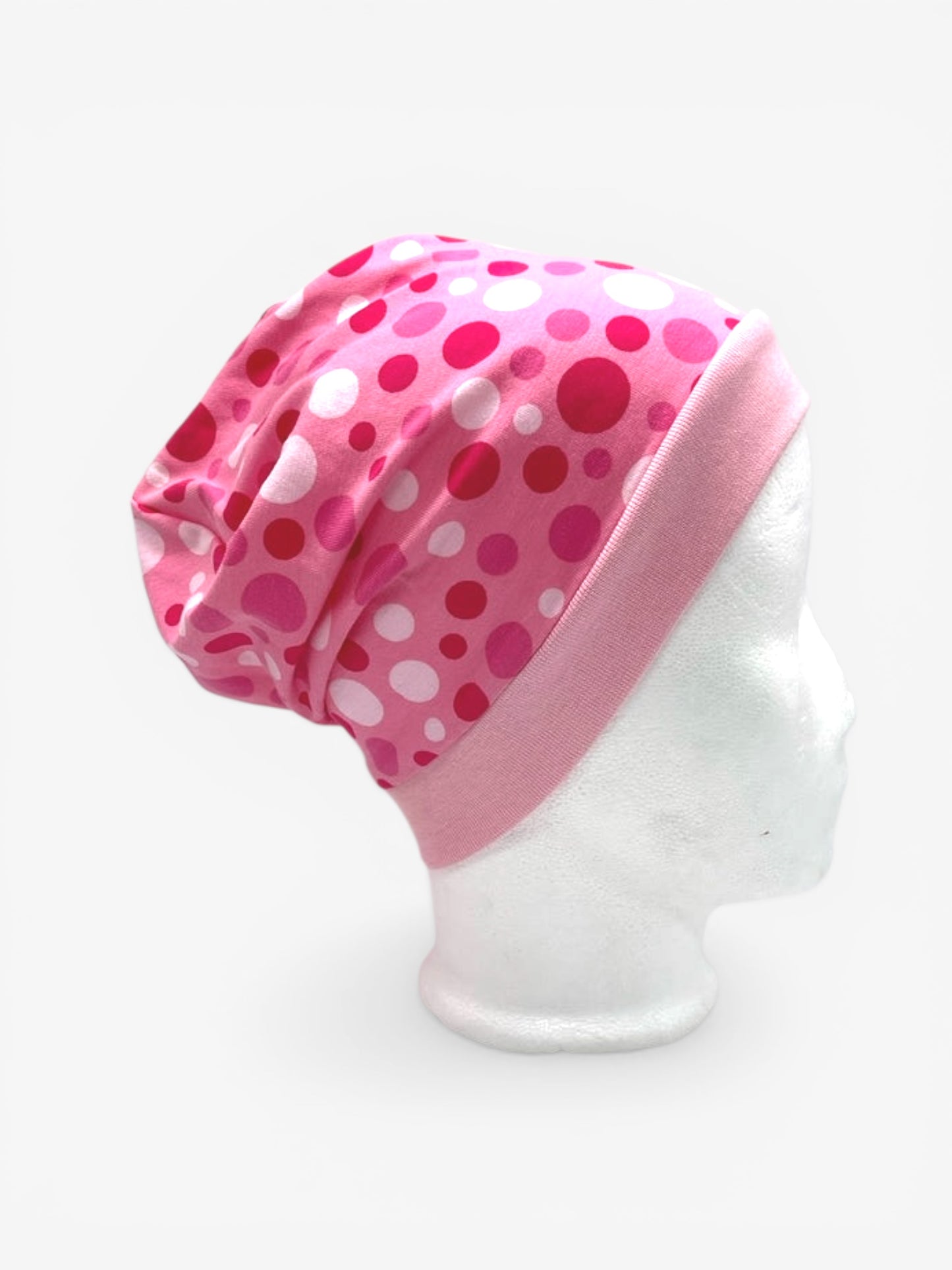 Beanie für Kinder mit Bund - Punkte Motiv auf rosa
