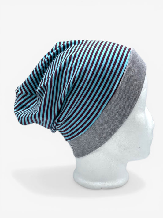Beanie für Kinder mit Bund - Streifen Motiv auf blau-braun