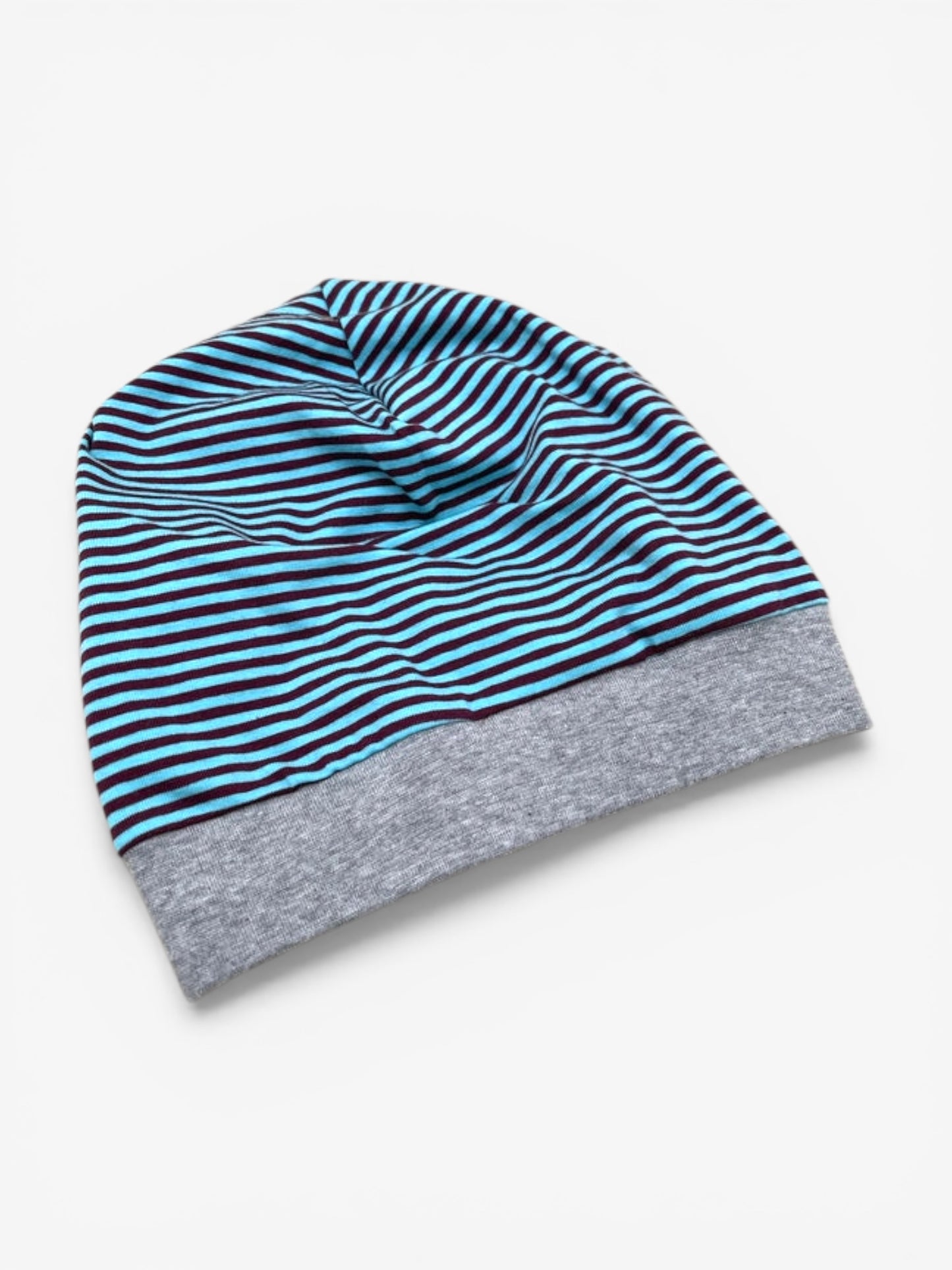 Beanie für Kinder mit Bund - Streifen Motiv auf blau-braun