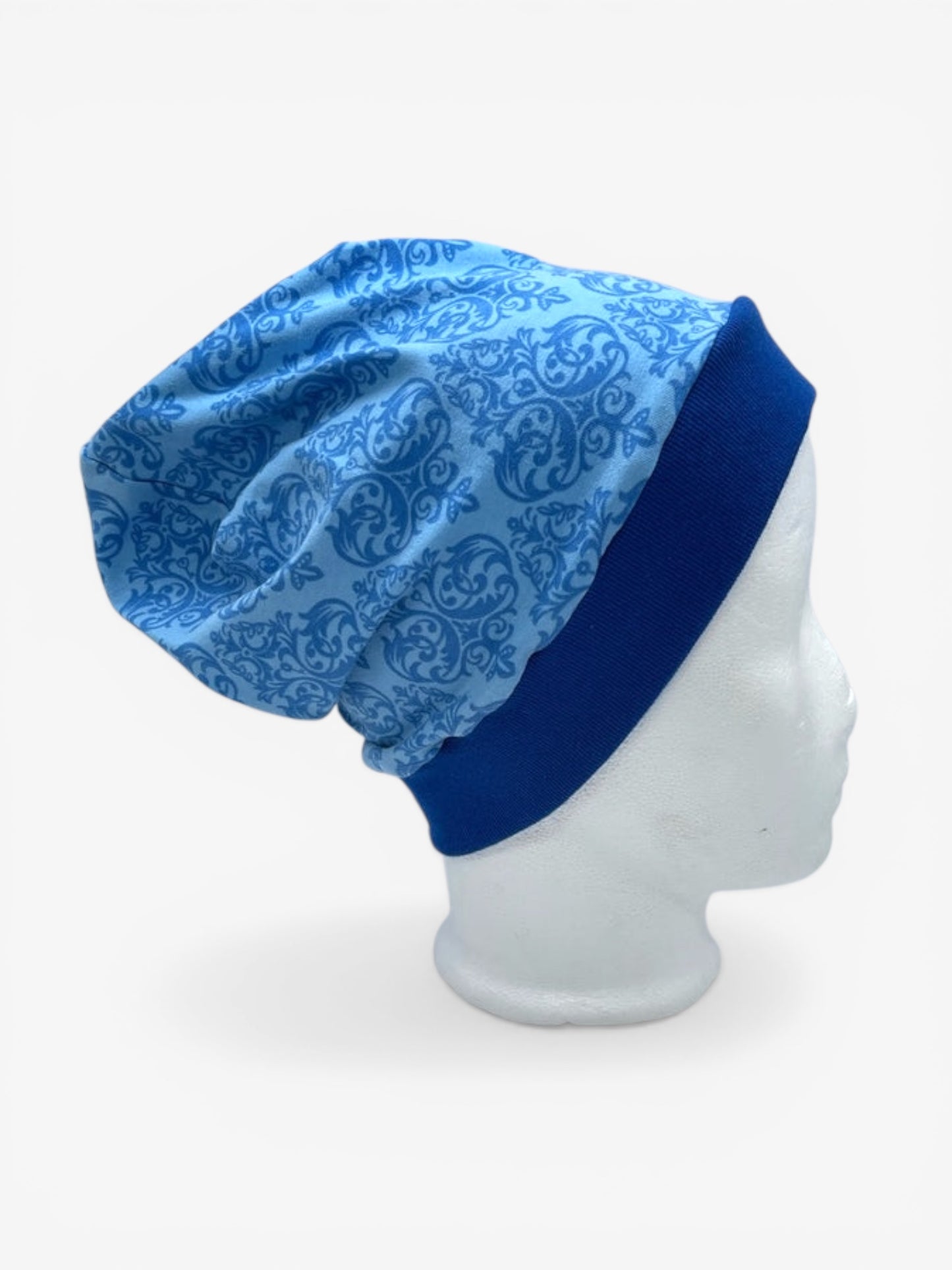 Beanie für Kinder mit Bund - Ornament Motiv auf blau