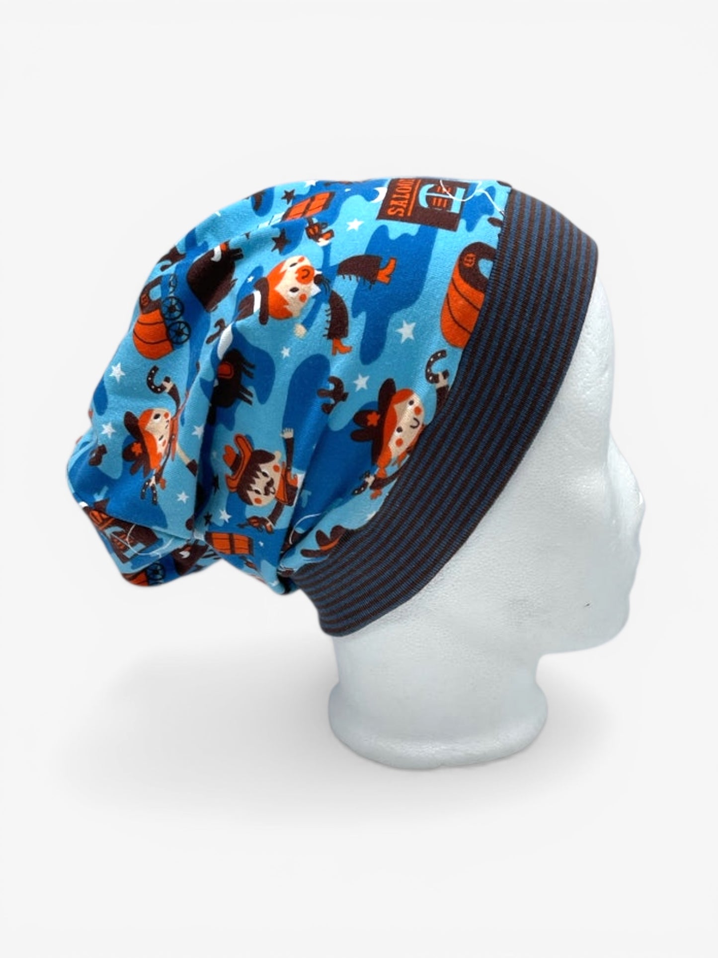 Beanie für Kinder mit Bund - Western Motiv auf blau