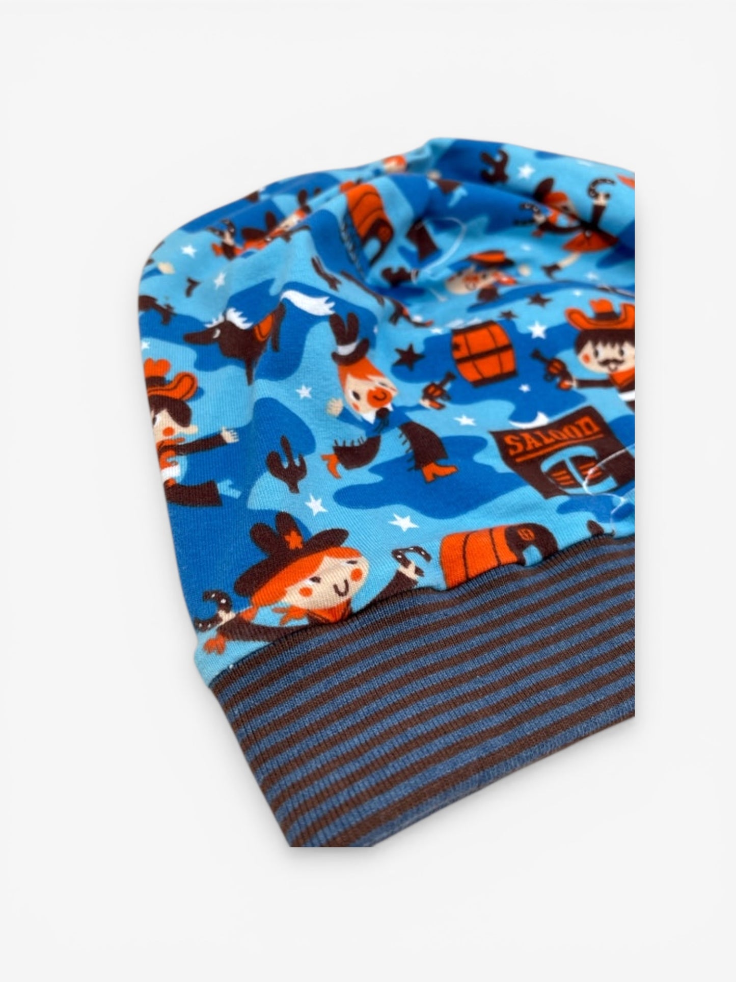 Beanie für Kinder mit Bund - Western Motiv auf blau