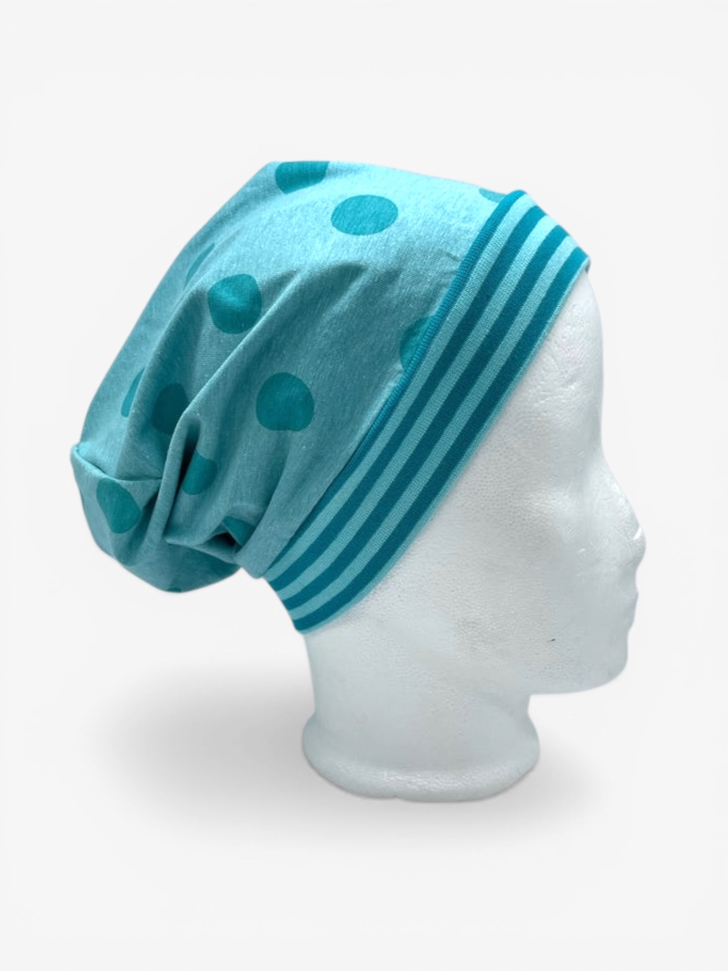 Beanie für Kinder mit Bund - Punkte Motiv auf blau
