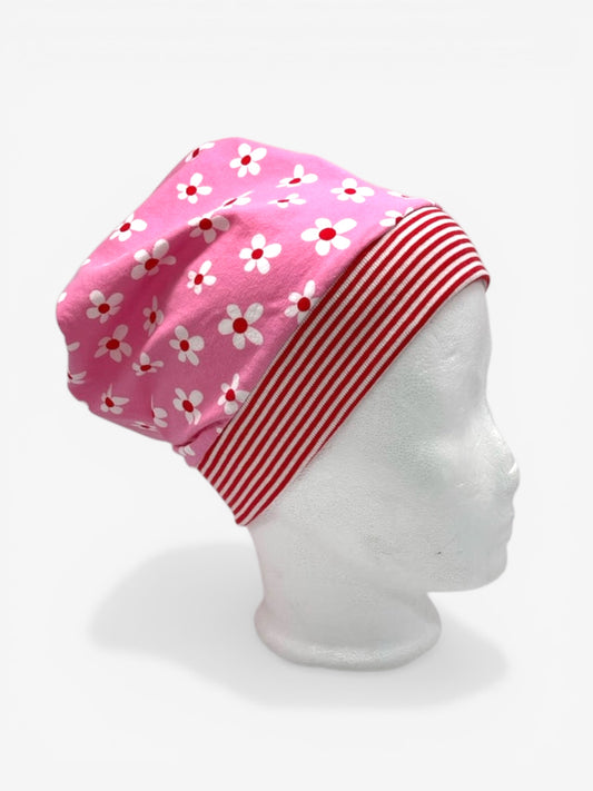 Beanie für Kinder mit Bund - Blumen Motiv auf rosa
