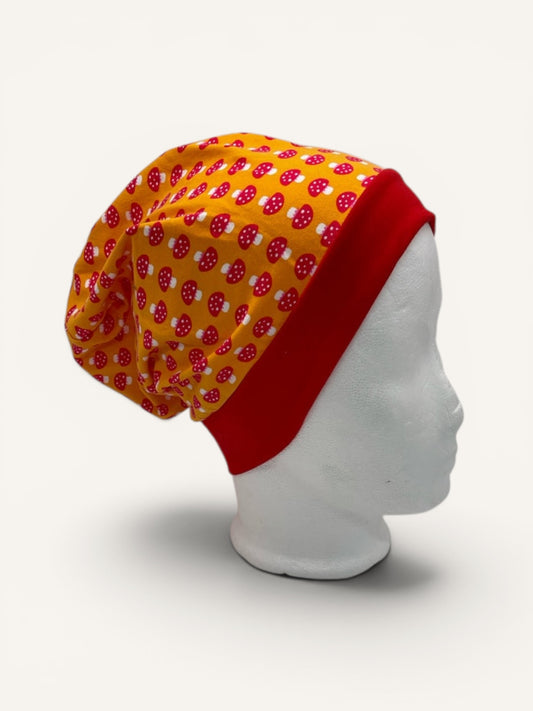 Beanie für Kinder mit Bund - Pilze Motiv auf orange