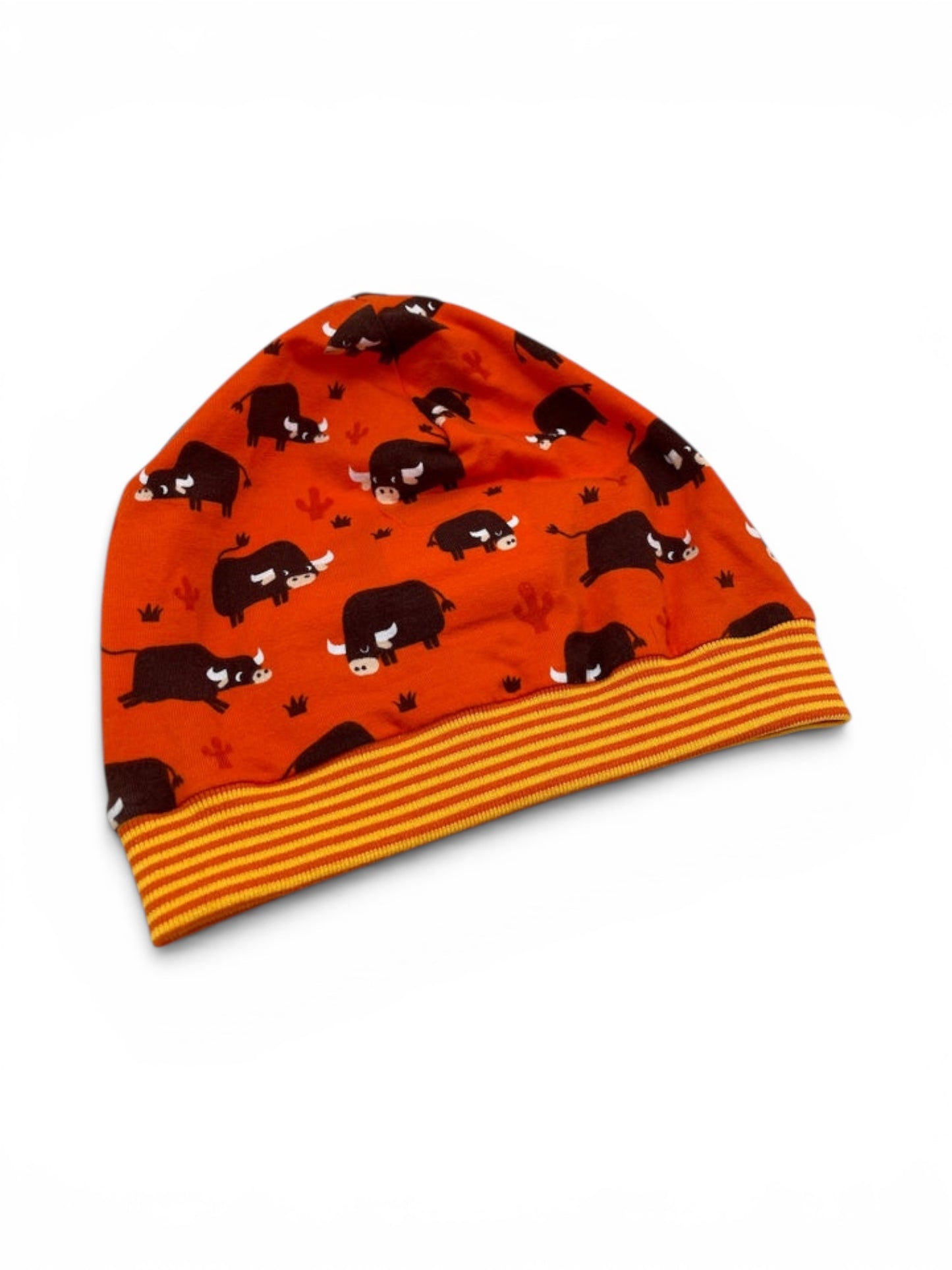 Beanie für Kinder mit Bund - Büffel Motiv auf orange