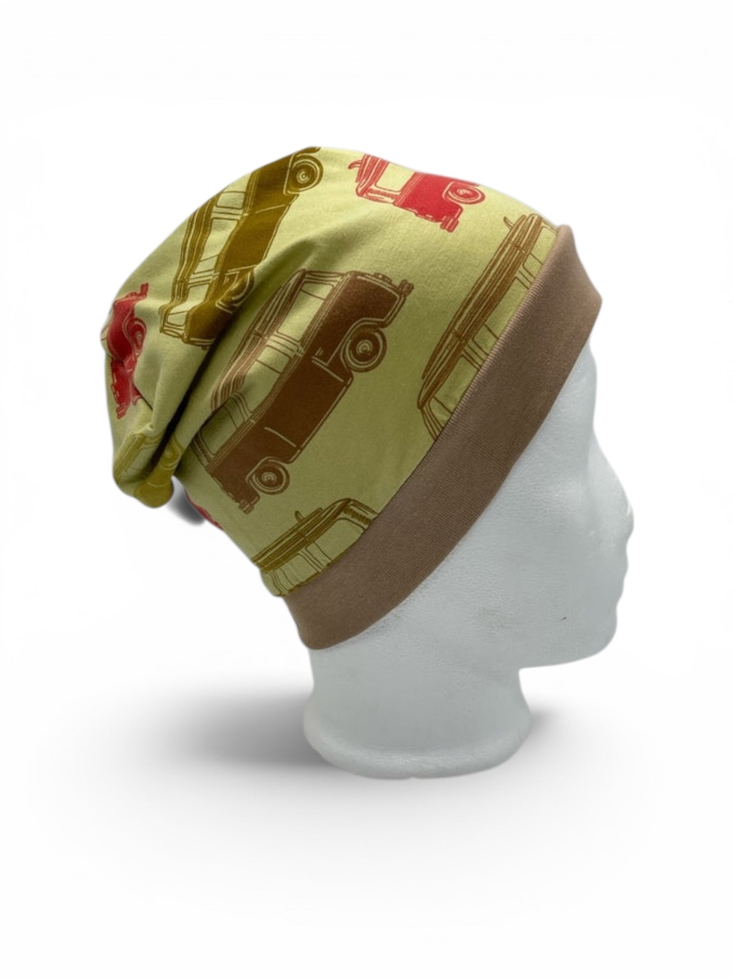 Beanie für Kinder mit Bund - Bulli Motiv auf Grün