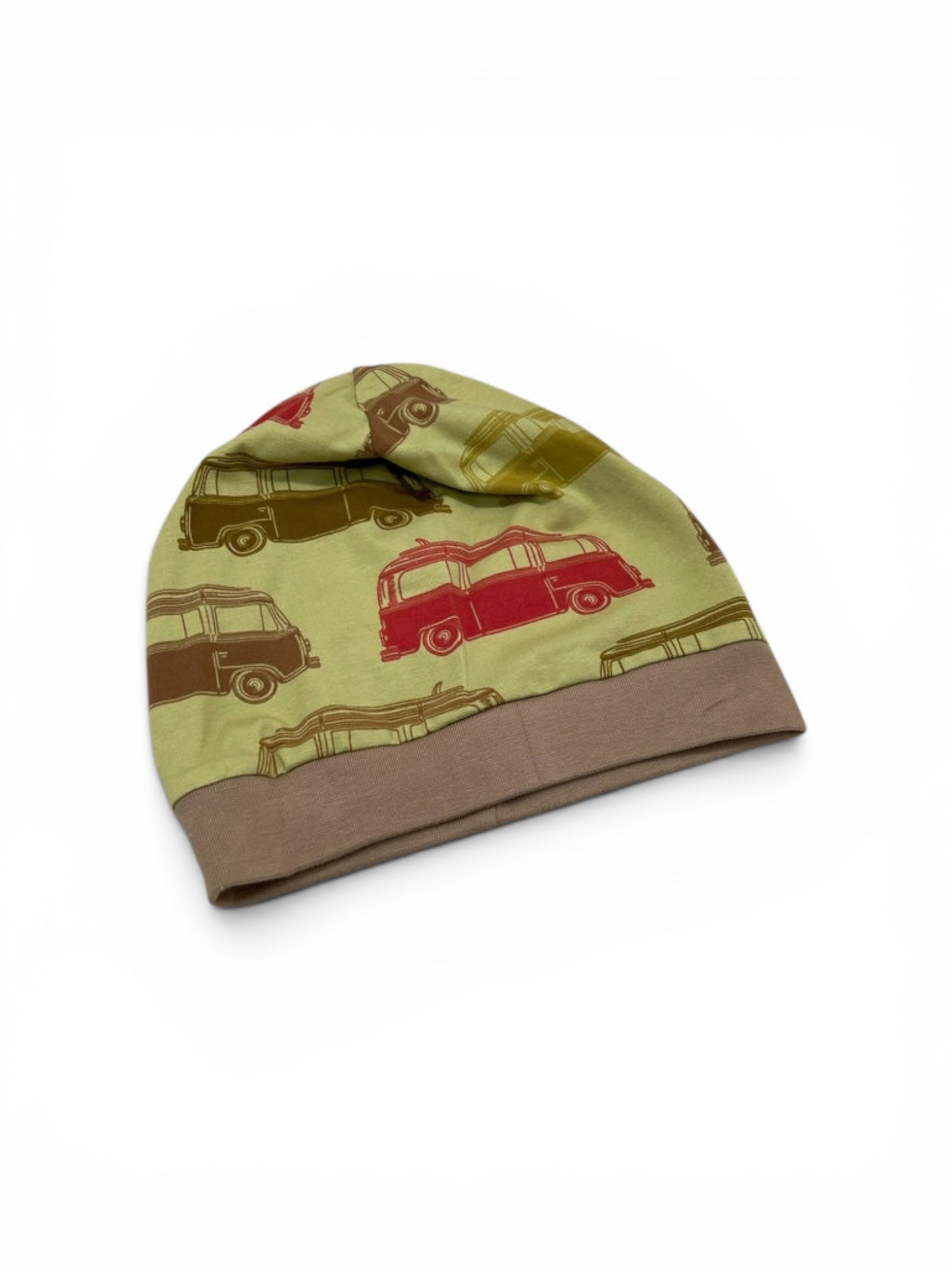 Beanie für Kinder mit Bund - Bulli Motiv auf Grün
