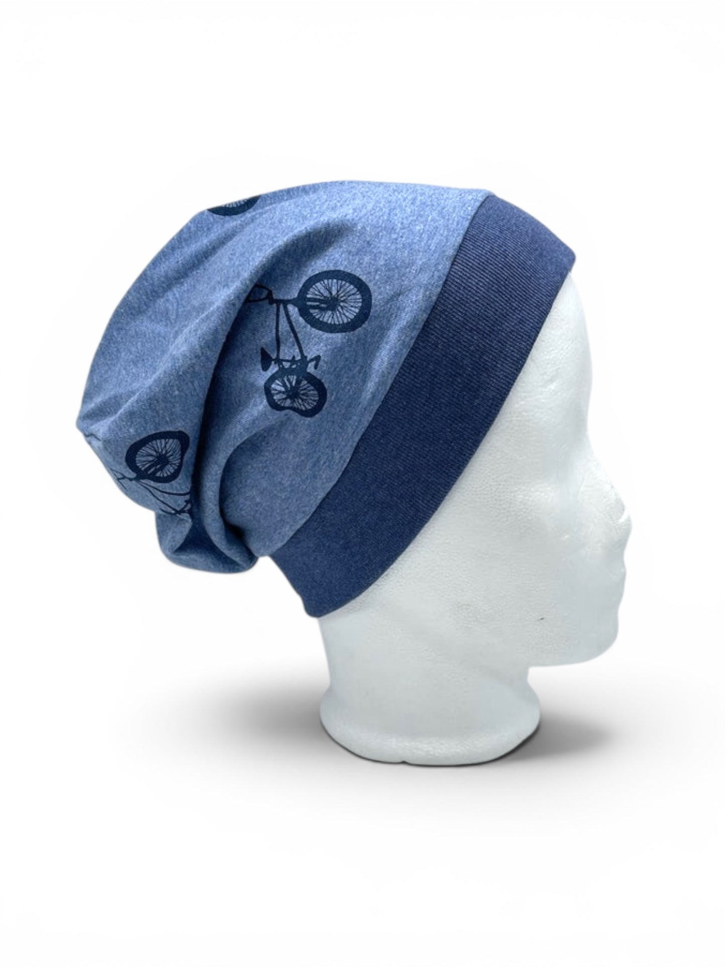 Beanie für Kinder mit Bund - Bike Motiv auf blau