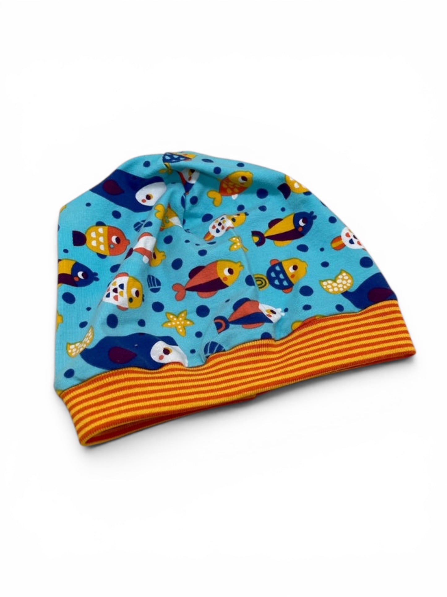Beanie für Kinder mit Bund - bunte Fische auf blau