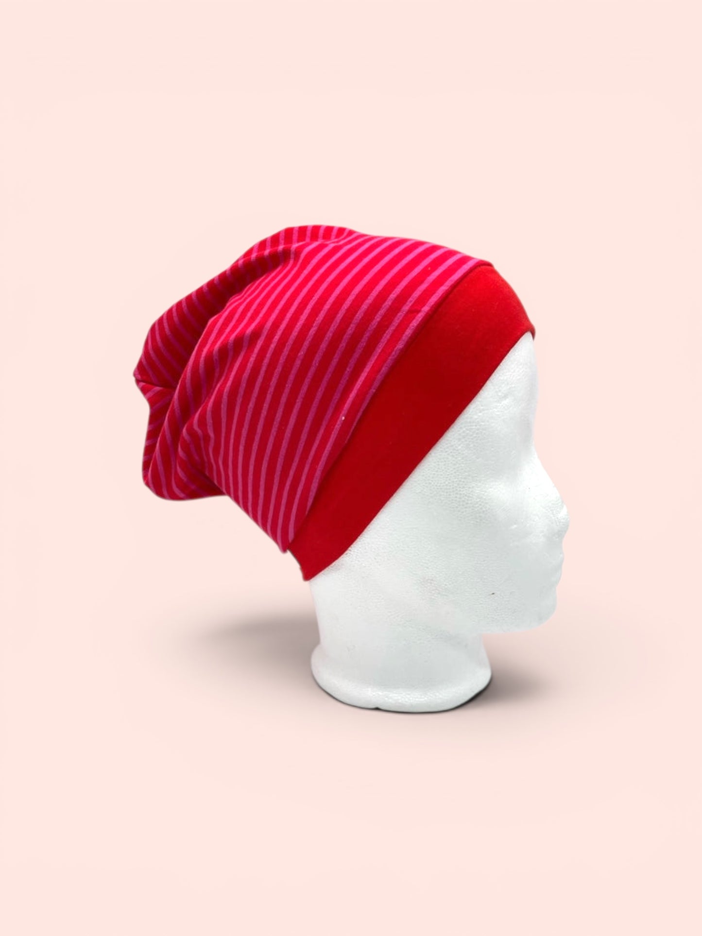 Beanie für Kinder mit Bund - rosa-roten Streifen