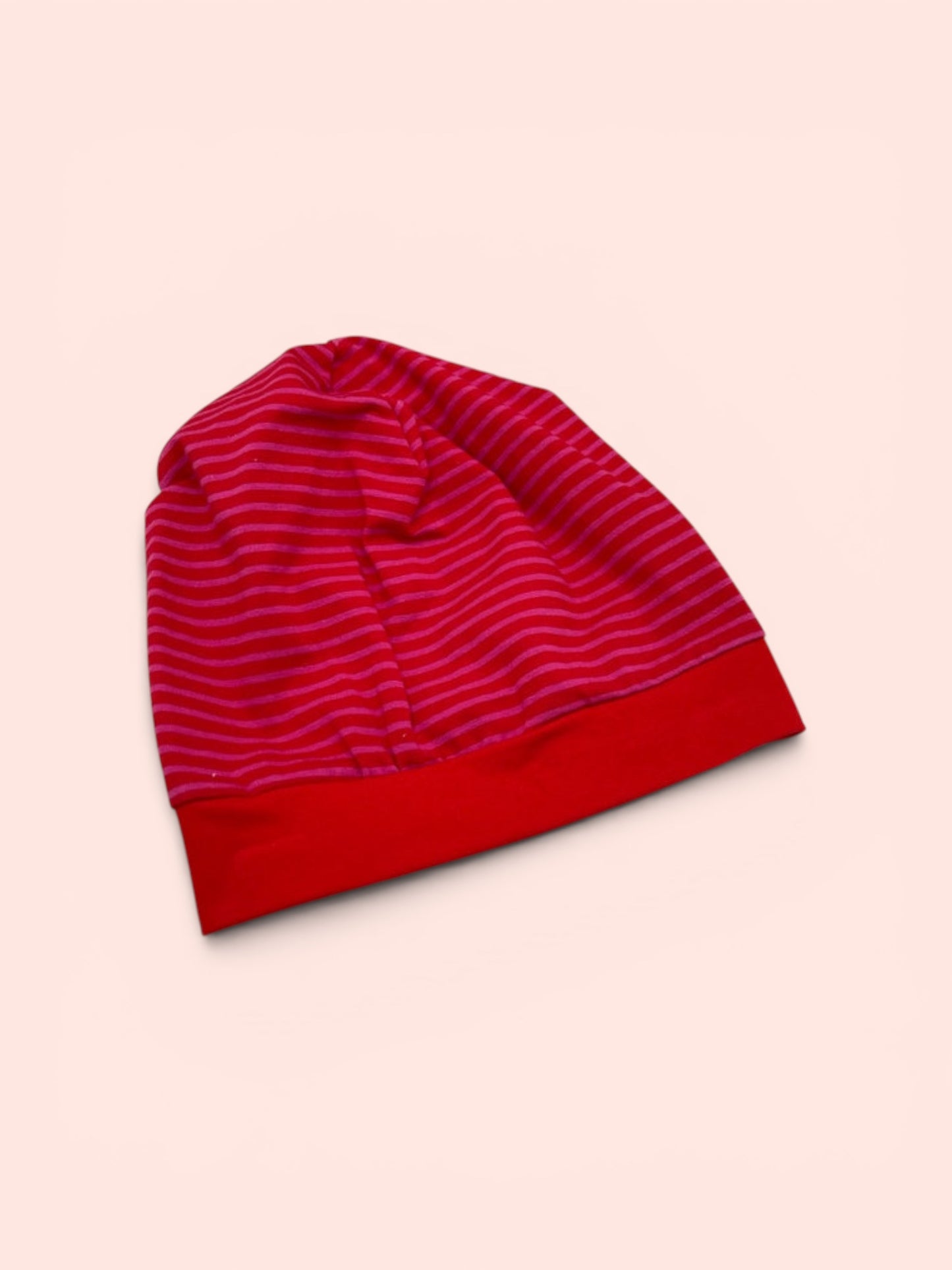 Beanie für Kinder mit Bund - rosa-roten Streifen