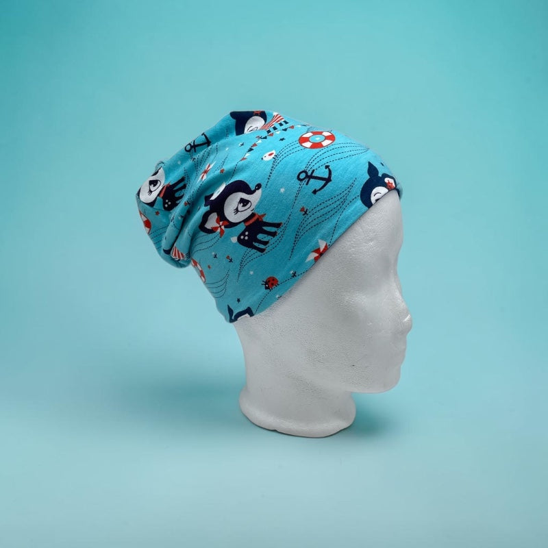 Wende-Beanie für Kinder – Rehkitz Design Blau