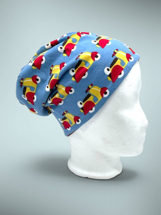 Wende-Beanie für Kinder – Motorroller Design blau